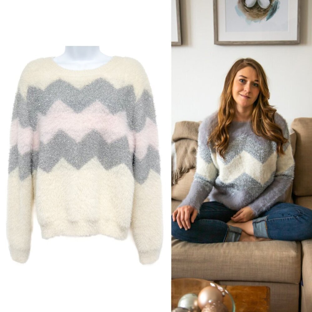 Tinsel Metallic Glitter Silver Chevron Eyelash Fuzzy Knit Sweater Top Molly